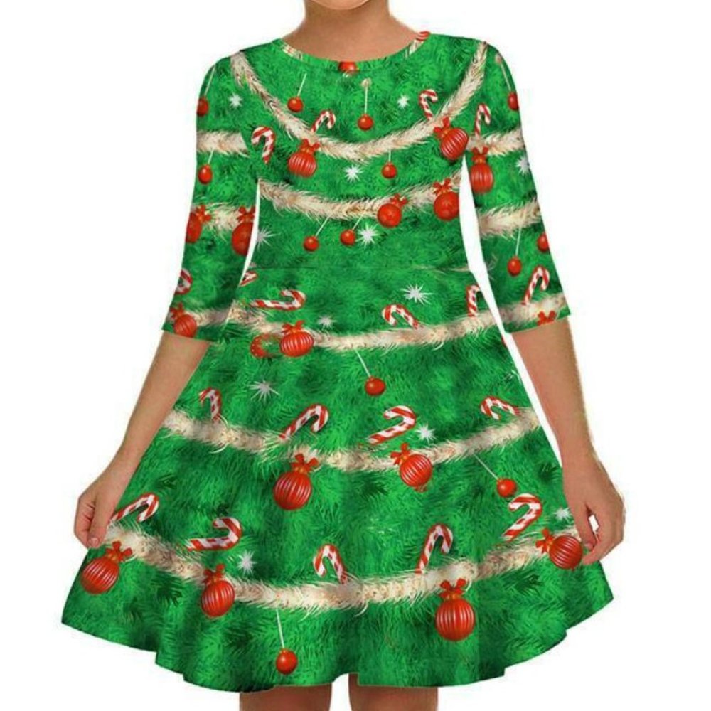 Kids Girls Christmas Tree Print Swing Mini Dress